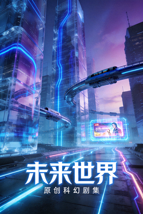 科幻剧集《未来世界》海报，展示充满科技感的未来城市景观