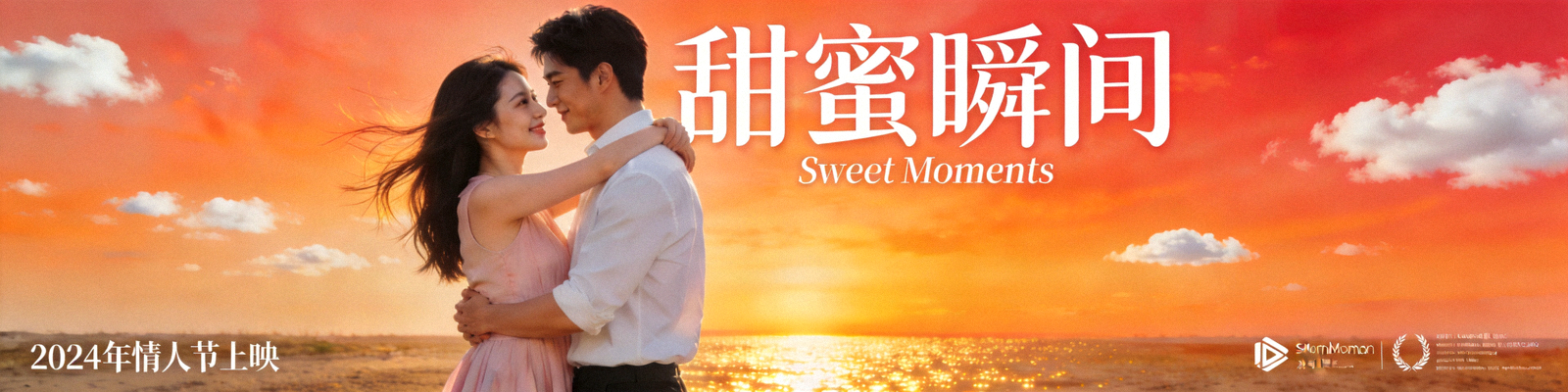 浪漫爱情电影《甜蜜瞬间》海报，一对情侣在夕阳下拥抱